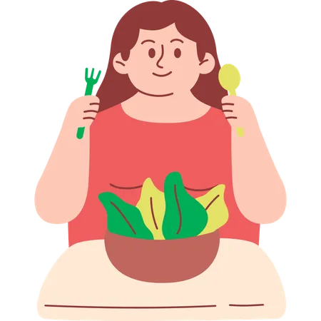 Mulher obesa comendo alimentos saudáveis  Ilustração