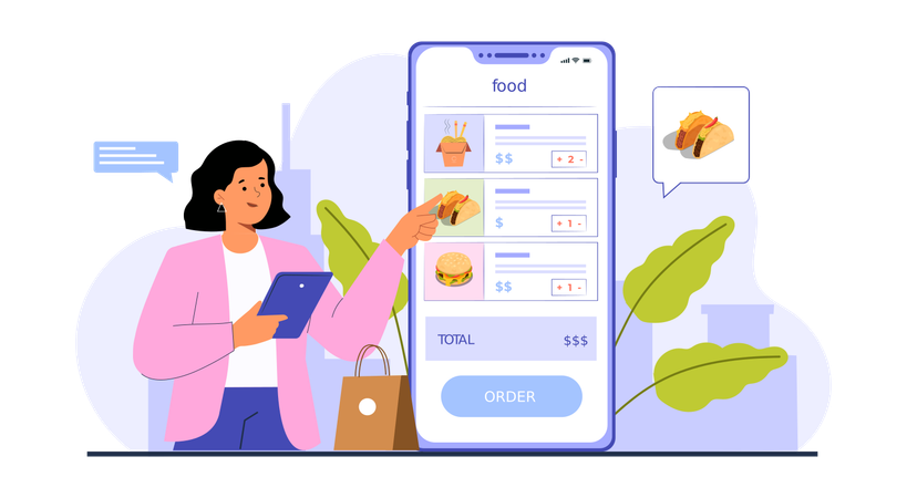 Mulher observando o cardápio de comida enquanto faz o pedido usando o aplicativo de comida  Ilustração