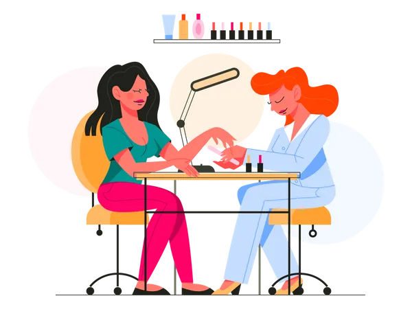 Mulher recebendo procedimento de manicure profissional  Ilustração