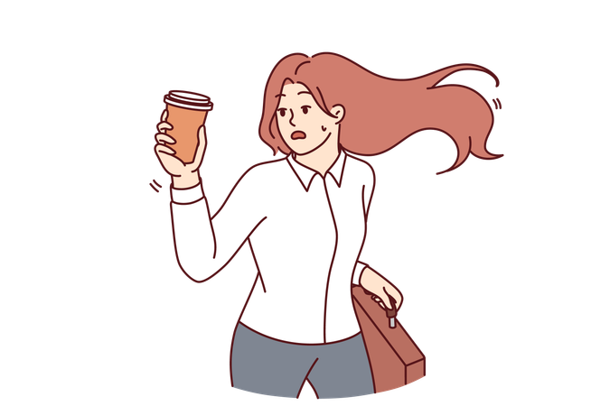 Mulher ocupada, indo para o escritório com uma xícara de café  Ilustração