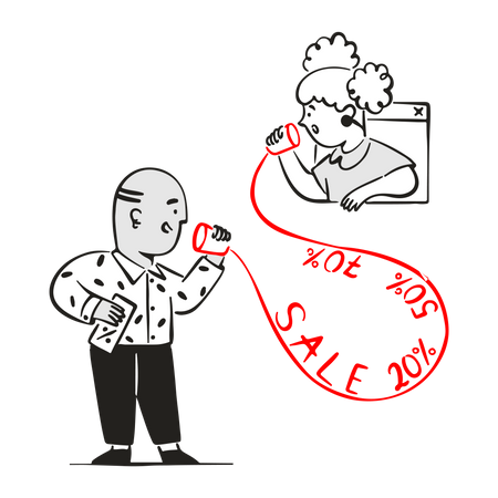 Mulher oferecendo desconto em compras on-line para homem  Ilustração