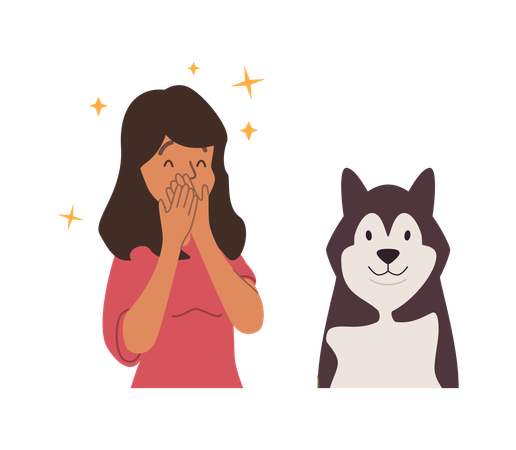 Mulher olha com surpresa e felicidade para o cachorro  Ilustração