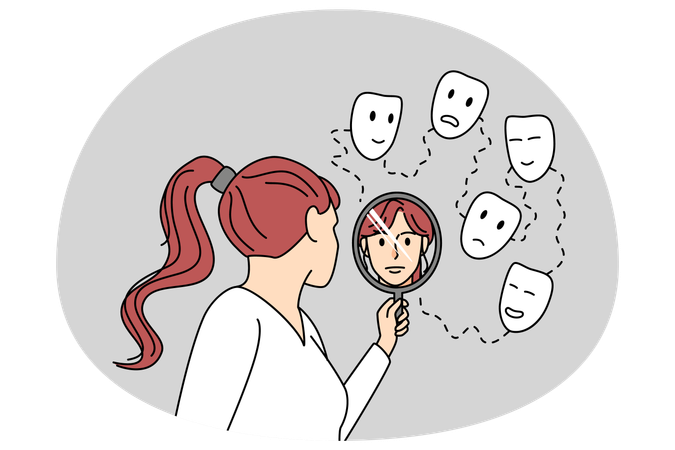 Mulher se olha no espelho e vê rostos diferentes  Ilustração