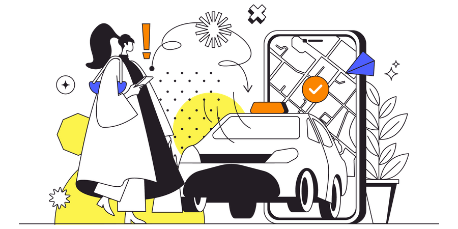 Mulher olhando a localização do táxi no aplicativo de táxi  Ilustração