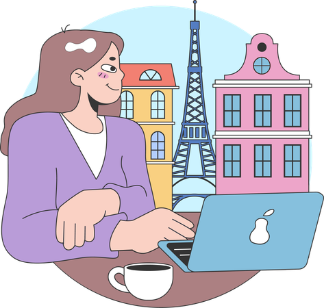 Mulher olhando para a Torre Eiffel do café  Ilustração