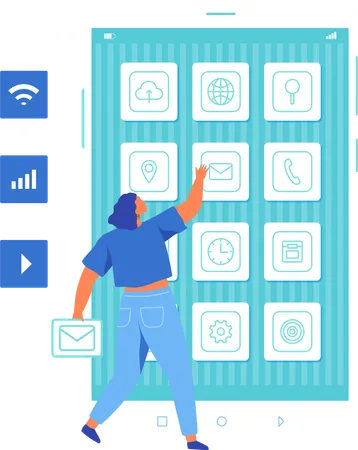 Mulher olhando para o layout do ícone do aplicativo na tela  Ilustração
