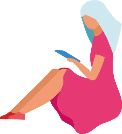 Mulher olhando para o tablet enquanto está sentada no chão  Ilustração