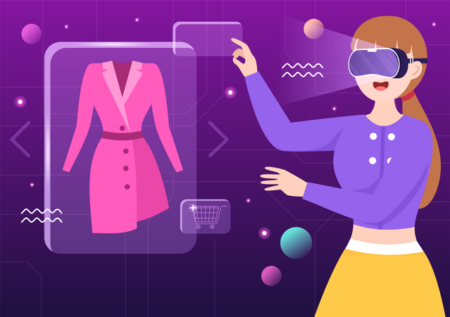 Mulher olhando para vestido em tecnologia virtual  Ilustração