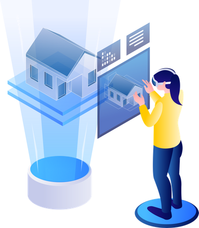 Mulher olhando o tamanho da casa com realidade virtual  Ilustração