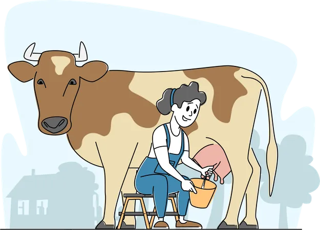 Mulher ordenhando vaca com as próprias mãos  Ilustração