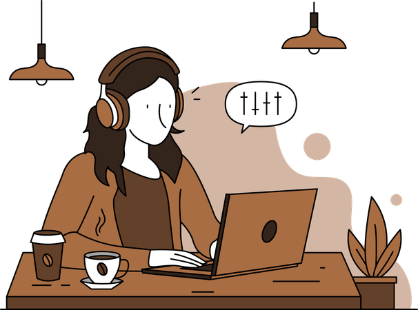 Mulher ouvindo música enquanto toma café  Ilustração