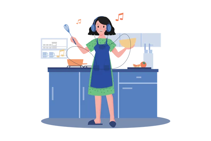 Mulher ouvindo o podcast enquanto cozinha  Ilustração