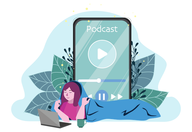 Mulher ouvindo podcast  Ilustração