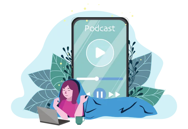 Mulher ouvindo podcast  Ilustração