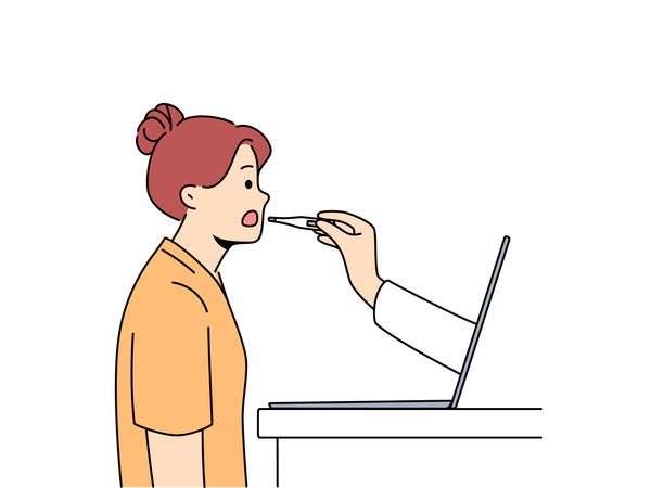 Paciente mulher usa serviços de telemedicina em pé perto do laptop com a mão do médico saindo da tela  Ilustração