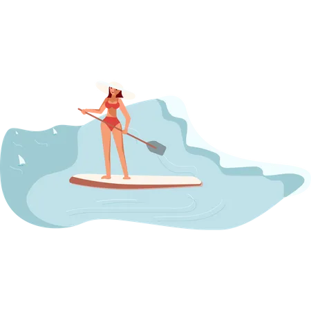 Surfista feminina surfa na onda  Ilustração