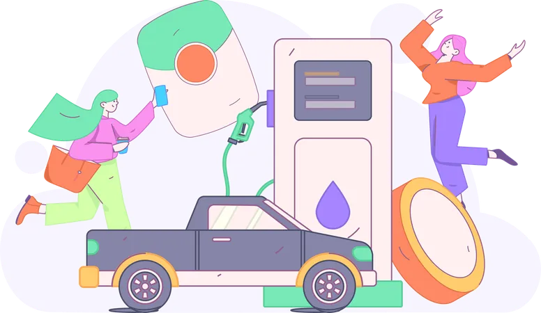 Mulher paga dinheiro em posto de gasolina  Ilustração