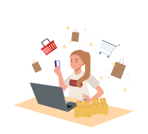 Mulher pagando com cartão para compras on-line  Ilustração