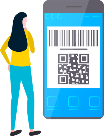 Mulher pagando dinheiro através de scanner de código QR  Ilustração