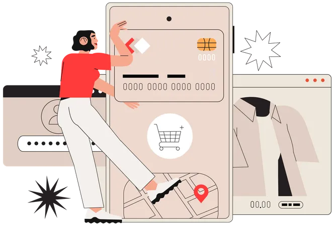 Mulher pagando conta de compras com cartão de crédito  Ilustração
