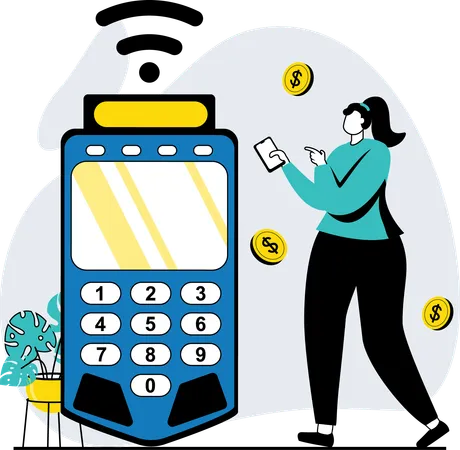 Mulher pagando na máquina POS via pagamento NFC  Ilustração