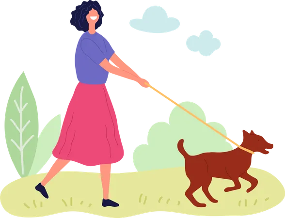 Mulher andando com animal de estimação  Ilustração