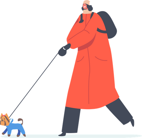 Mulher passeando com um cachorro brincalhão em clima frio  Ilustração