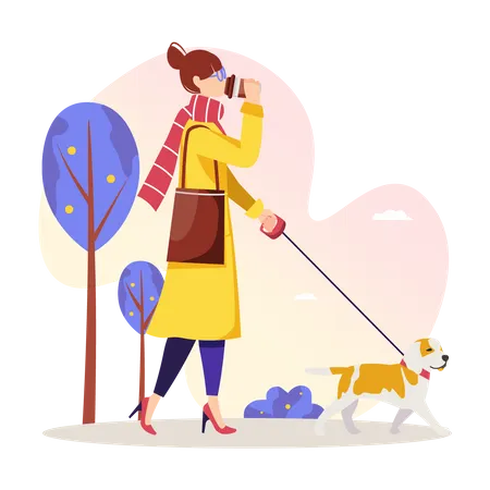 Mulher andando com cachorro e tomando café  Ilustração