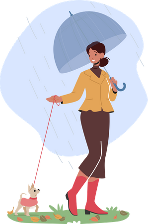Caminhada feminina com cachorro na chuva  Ilustração