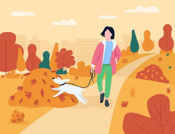 Mulher andando com cachorro na temporada de outono  Ilustração