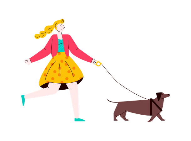 Mulher passeando com seu cachorro  Ilustração