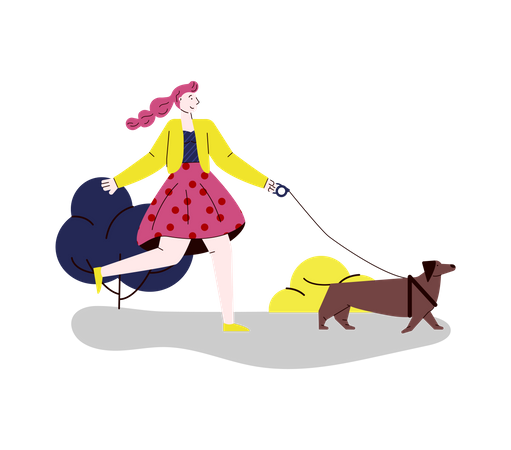 Mulher passeando com seu cachorro  Ilustração