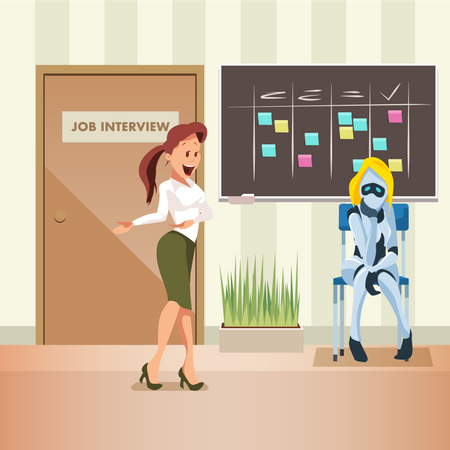 Mulher pede ao robô feminino para participar da entrevista de emprego no escritório  Ilustração