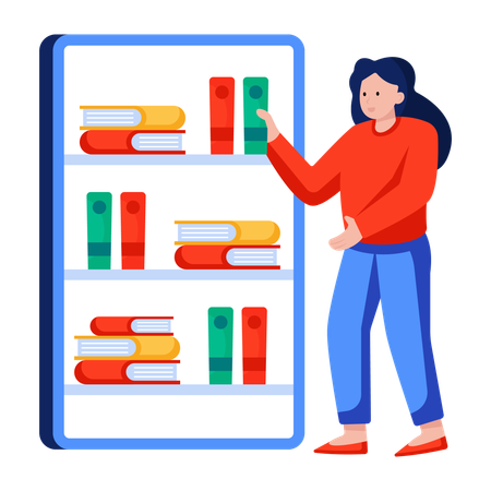 Mulher pega livros da prateleira  Ilustração