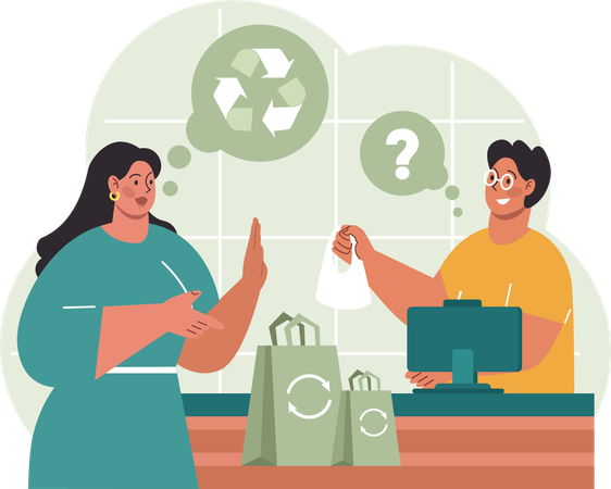 Mulher pensando em reciclar sacola  Ilustração