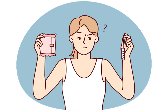 Mulher pensativa segurando absorvente interno e externo escolhendo o que usar durante a menstruação  Ilustração