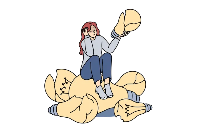 Mulher perdedora senta-se em lâmpadas quebradas, simbolizando más ideias e falta de planos futuros  Ilustração