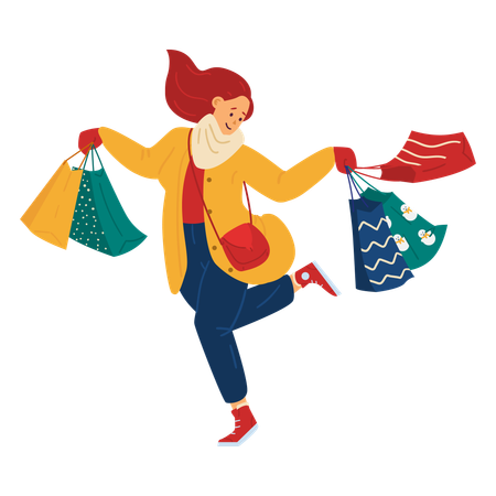 Personagem feminina de compras na temporada de inverno  Ilustração