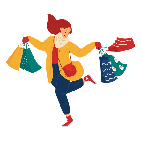 Personagem feminina de compras na temporada de inverno  Ilustração