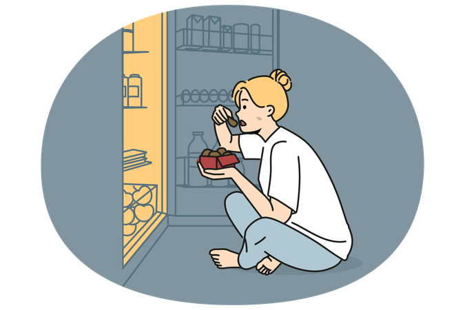 Mulher perto da geladeira comendo à noite  Ilustração