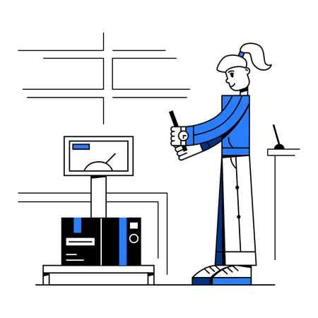 Mulher pesa pacotes em balança  Ilustração
