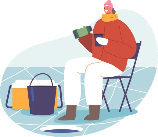 Mulher pescando no inverno e tomando chá quente em uma garrafa térmica confiável enquanto pesca no gelo  Ilustração