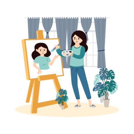 Mulher pintando autorretrato  Ilustração