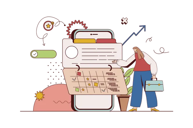 Mulher planejando tarefas diárias e fluxo de trabalho usando calendário e lembrete no aplicativo  Ilustração