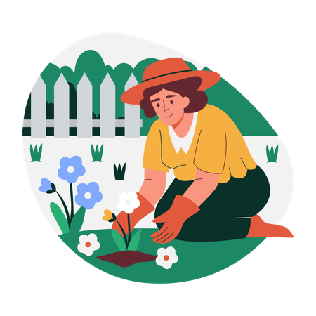 Mulher plantando novas plantas no jardim  Ilustração