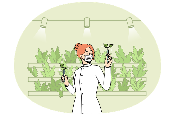 Mulher plantando vegetais com sistema aquapônico em fazenda ecológica.  Ilustração