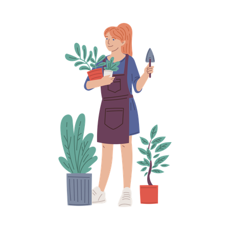 Mulher planta plantas de interior para jardim doméstico  Ilustração