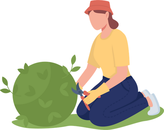 Mulher podando arbusto no jardim  Ilustração