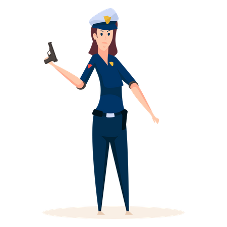 Mulher policial segurando arma na mão  Ilustração