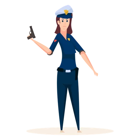 Mulher policial segurando arma na mão  Ilustração